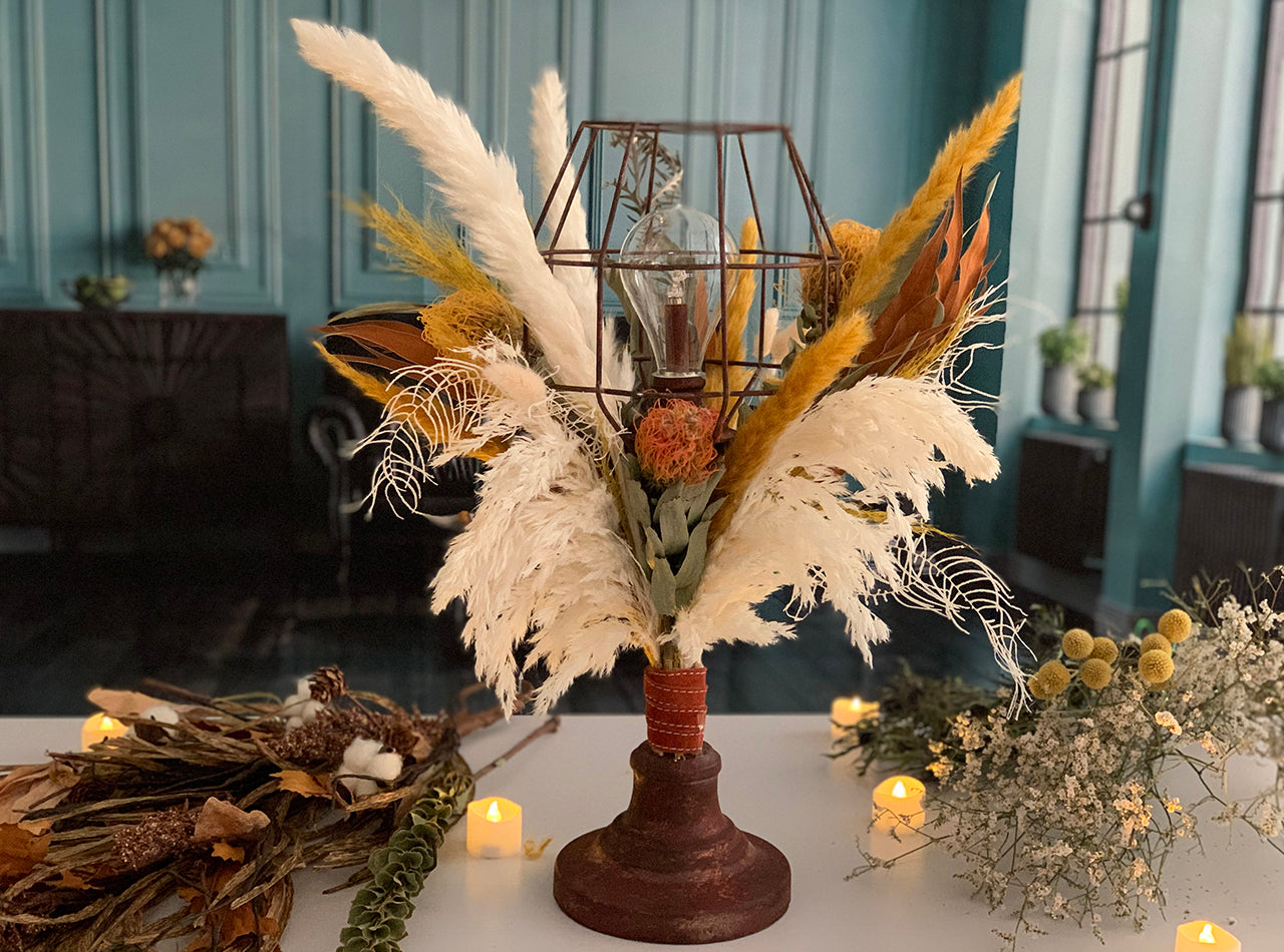 インテリア】アンティーク・フラワーランプ・スタンド☆辛子色のドライ