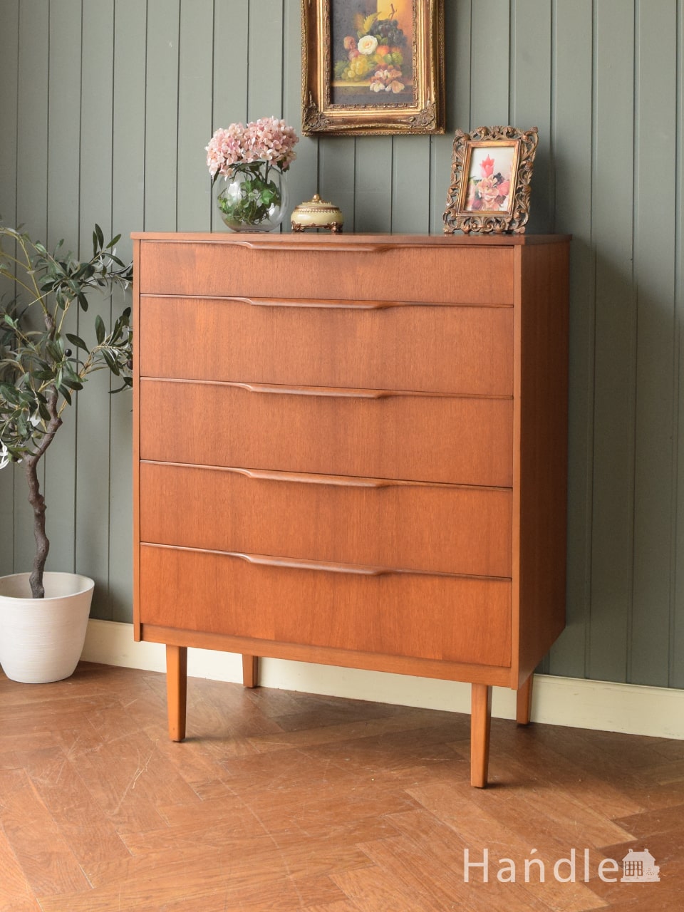 イギリスから届いたビンテージ5段チェスト、チーク材のおしゃれな整理