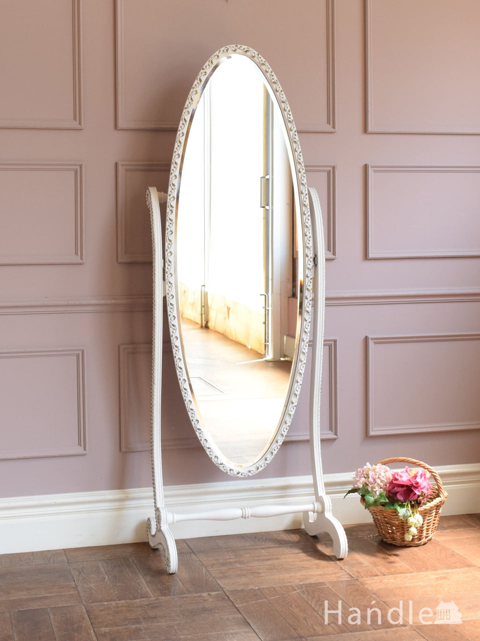 フランスから届いた美しい白い姿見、アンティークのシュバルミラー(m