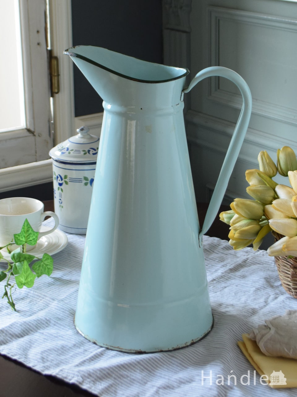 英国アンティークホーローウオータージャグタンクミントグリーン 蛇口付き