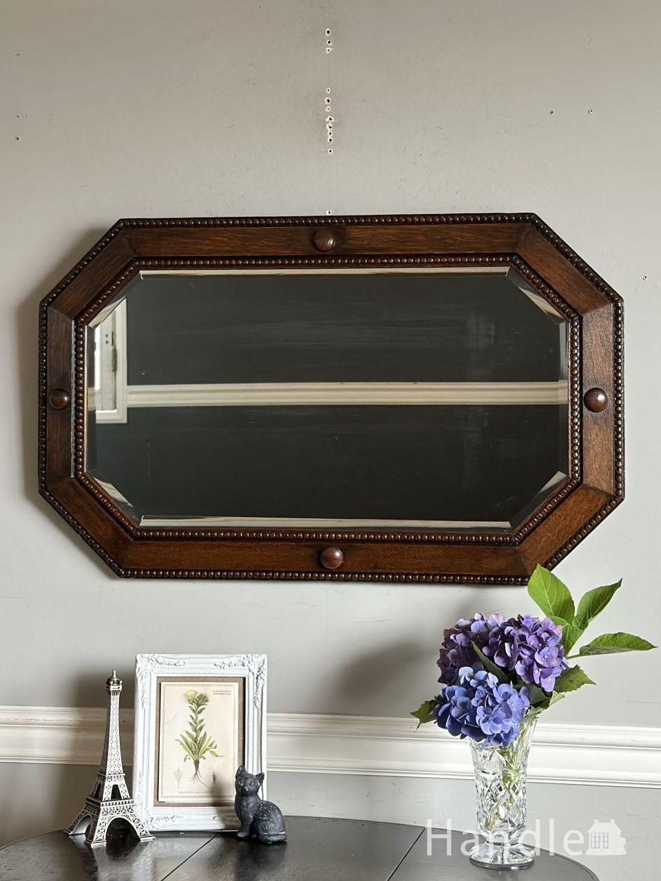 イギリスから届いたアンティークの美しい鏡、オーク材のお化粧用の