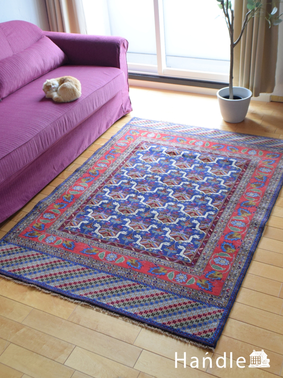 バルーチのおしゃれな幾何学模様の絨毯、ビンテージのトライバルラグ(m