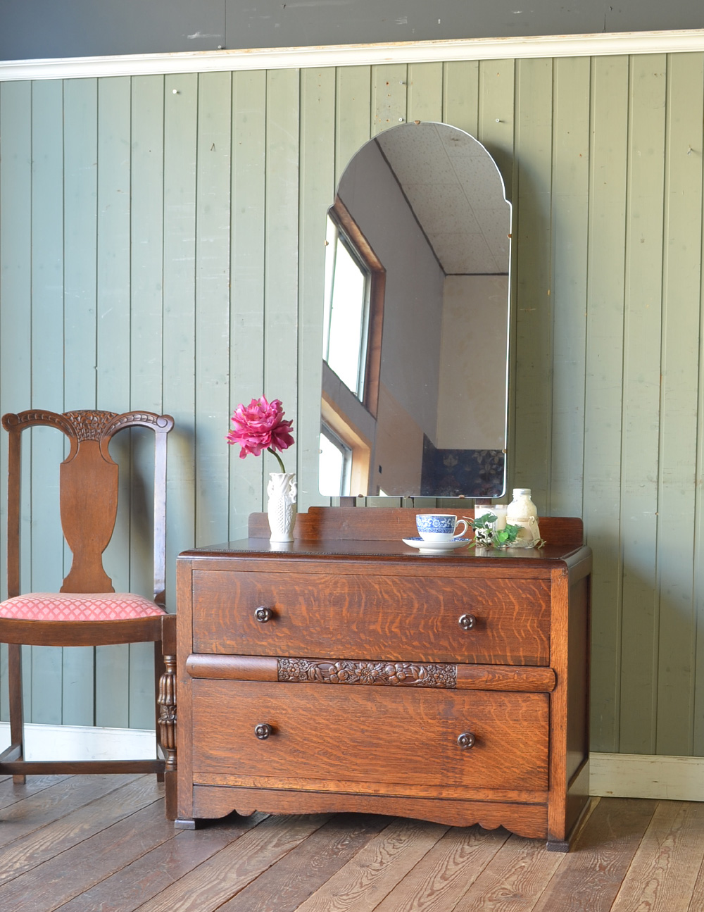 大きなミラー付き英国のアンティーク家具、便利なドレッシングチェスト