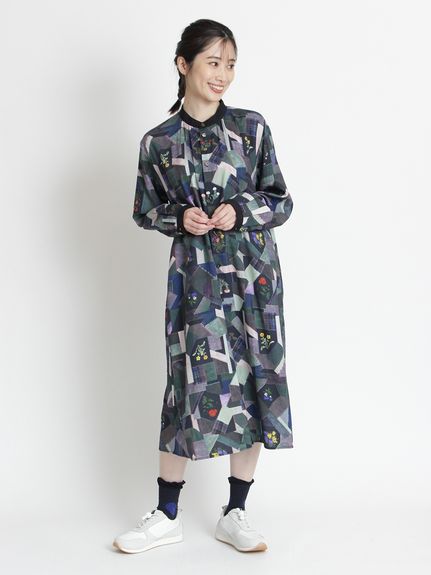 コットンレーヨンビエラパッチワークフラワープリントワンピース(前