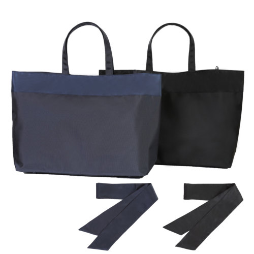 完全日本製 平織 軽量ビッグトート 黒 紺 同色スカーフ付き [実用新案