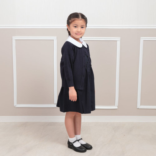 お着替えしやすい 白襟前ボタンワンピース 両サイドポケットあり 紺