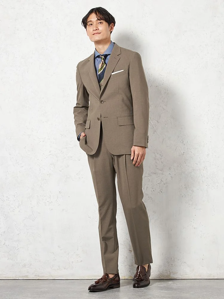 パンツウォッシャブル】スーツ 段返り3つボタン リネンライク ライト