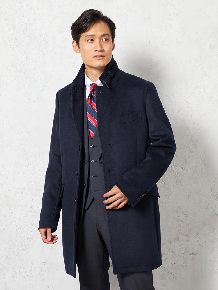 ネイビー 【カシミアブレンド】コンバーチブルチェスターコート 無地