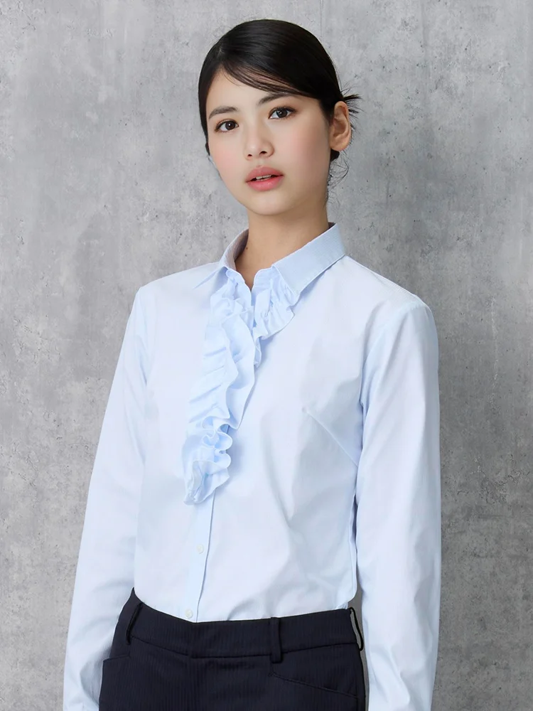 ホワイト 【4WAYフリル＆リボン付】長袖 ブラウス スキッパー 形態安定