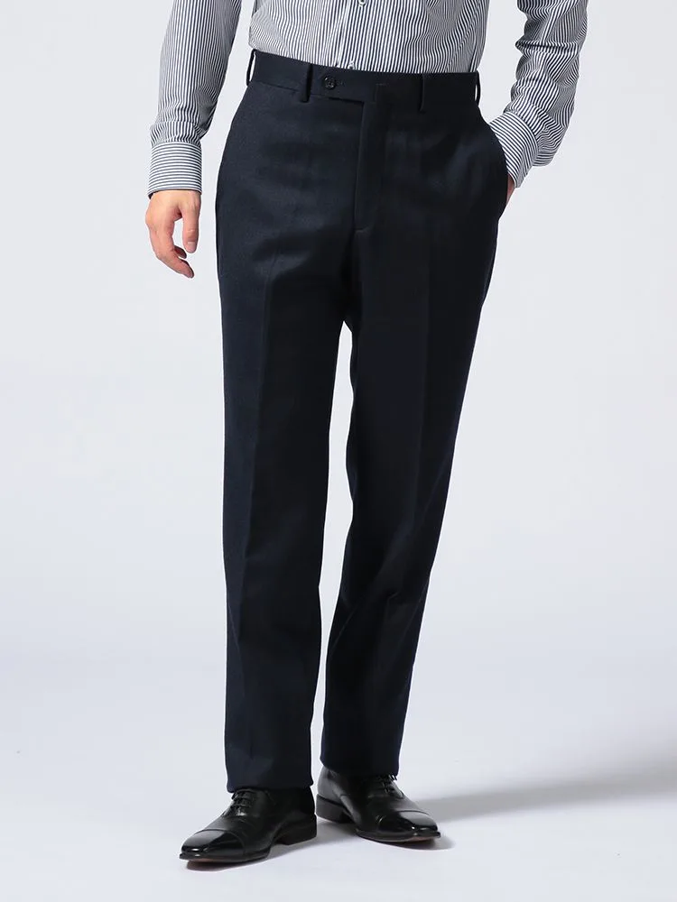 ネイビー 【ノータック】パンツ ウールフランネル スラックス ストー