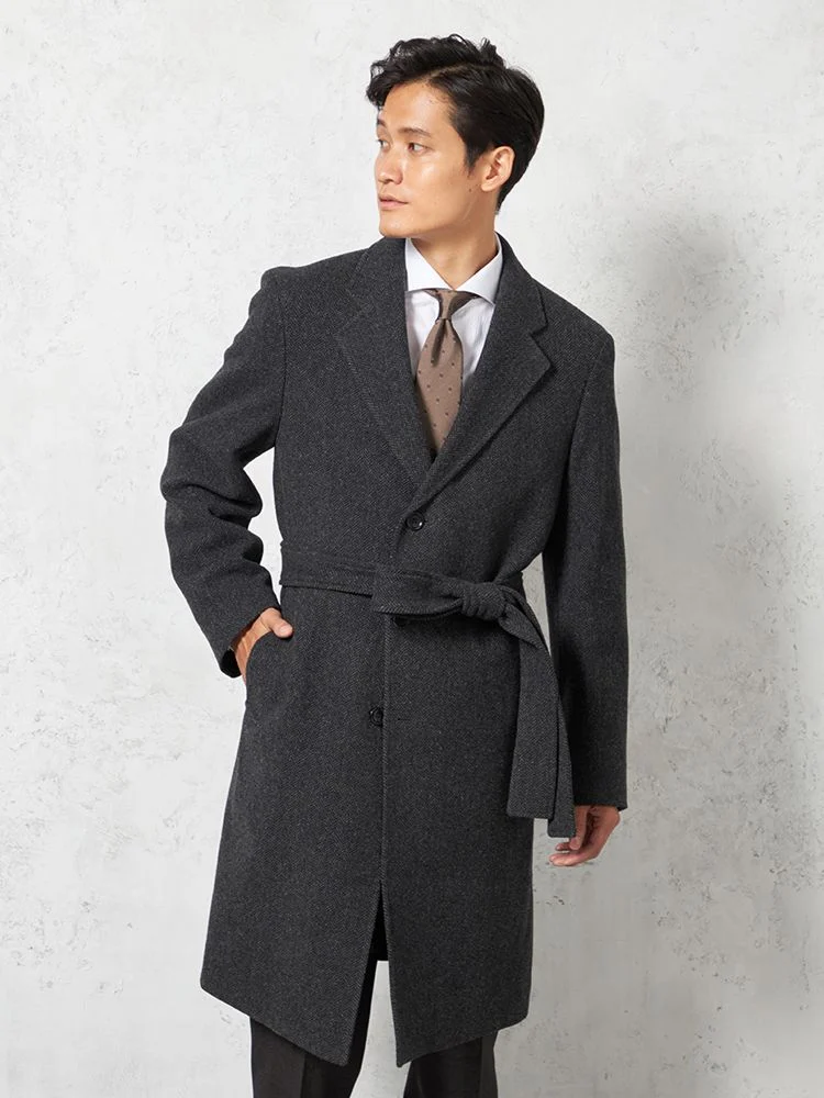 C．グレー 【ウール100％】クラシックベルテッドウールコート ベルト