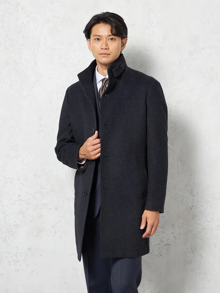 ネイビー 【尾州アンゴラ混素材】スタンドカラーコート ミドル丈 織柄