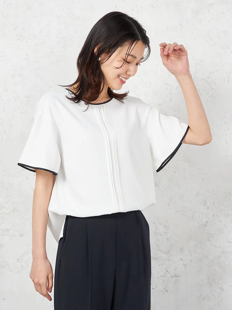 オフホワイト 【INDIVI】ウォッシャブル ソフトクレープ 半袖 配色