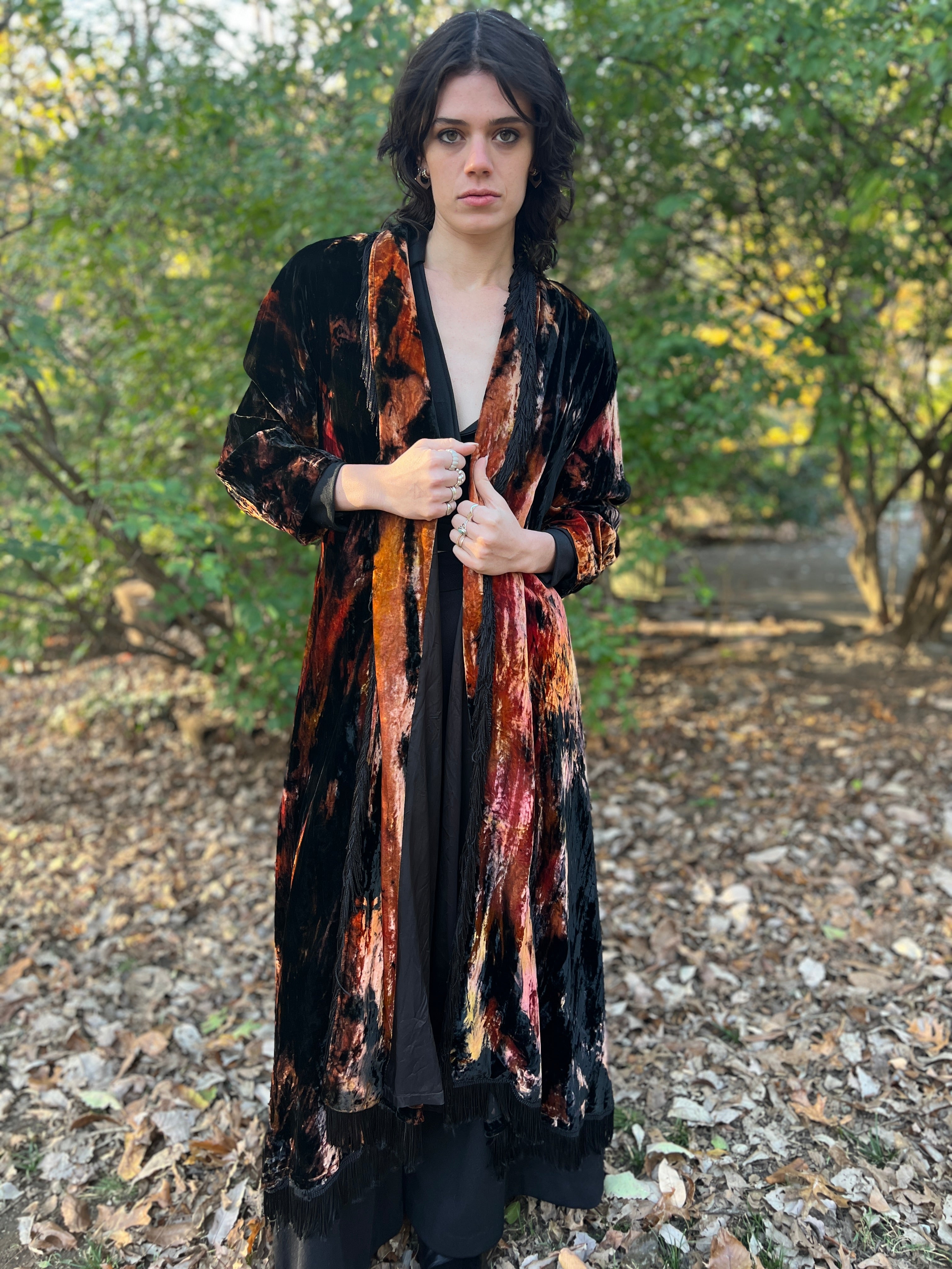 90s Women's Vintage Black Crushed Velvet Coat, Fringe, Zuzka For