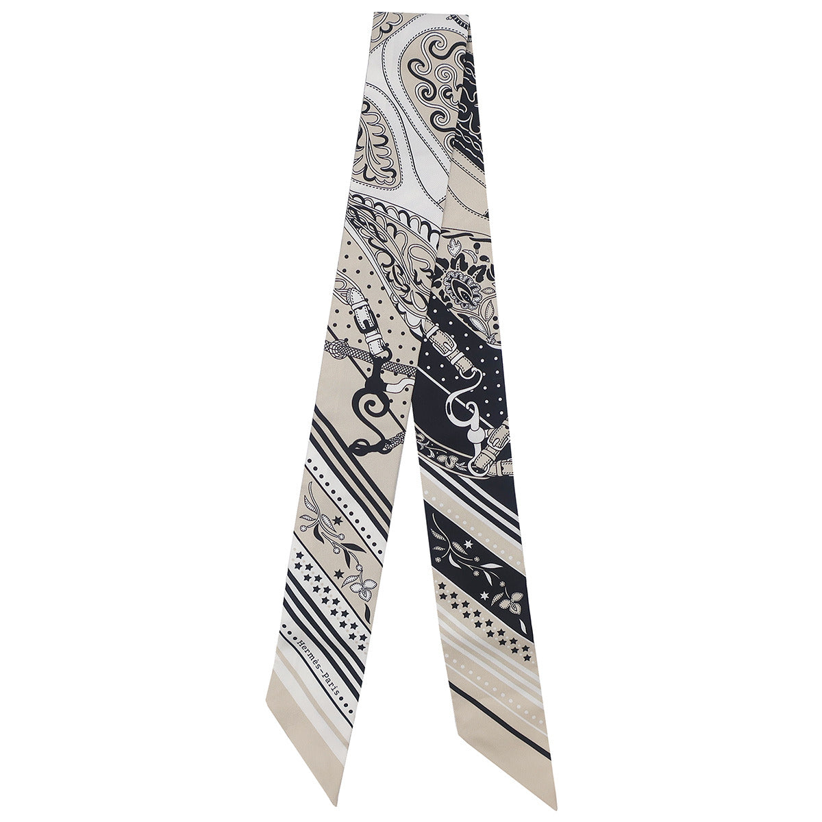 エルメス HERMES ツイリー グレージュ×ブラック×ホワイト シルク