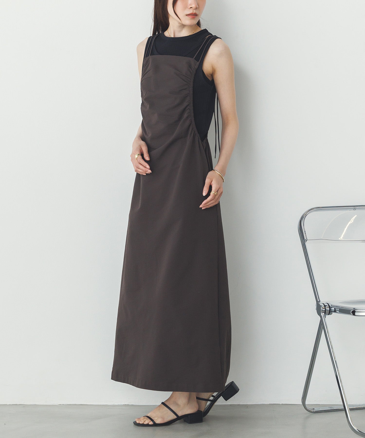 撥水 ギャザー キャミワンピース