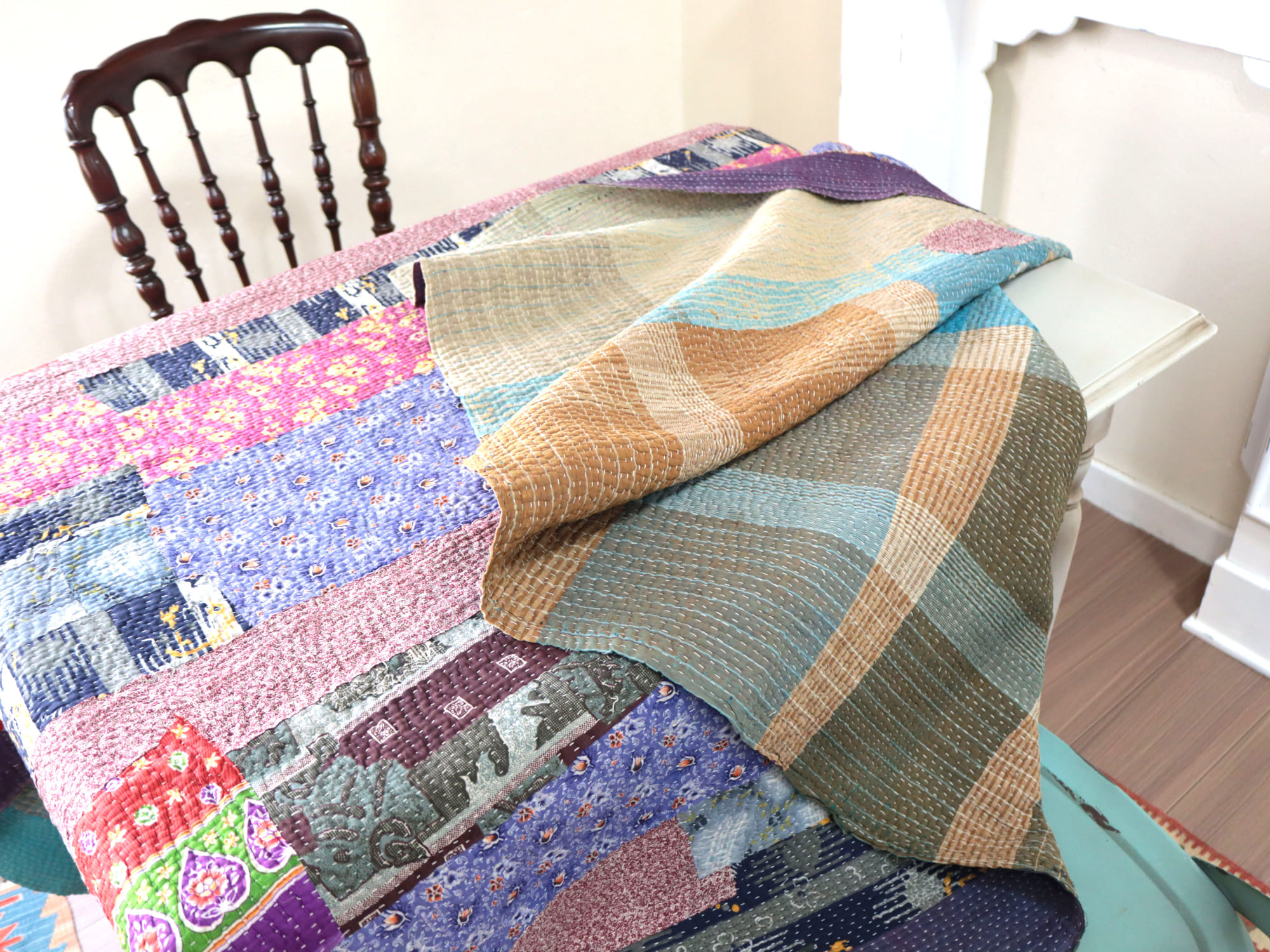 カンタ刺繍 ラリーキルト インドの古布210×152cm パープル系のパッチ