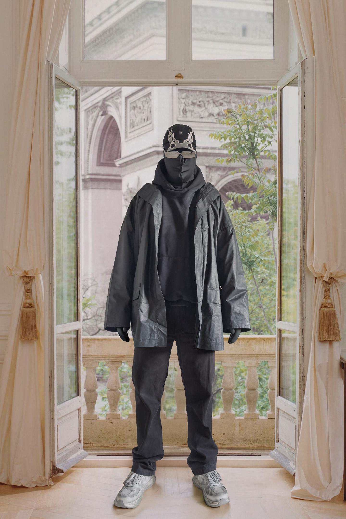 yeezy gap dove hoodie, coated cotton parka, sateen pants, flame