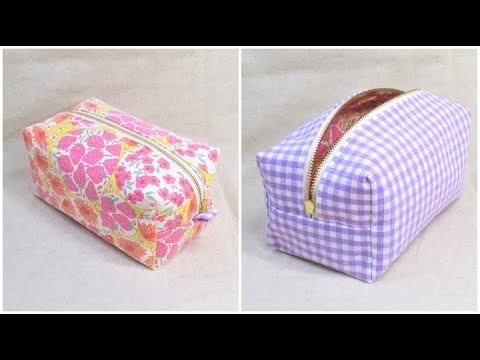 ボックスポーチ作り方 型紙なし How to sew a zipper box pouch 裏地