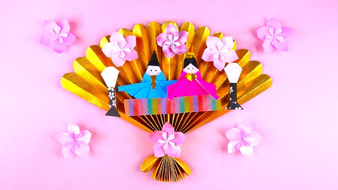 折り紙 ひな祭り 扇の雛人形 折り方 Origami fan with Japanese kimono