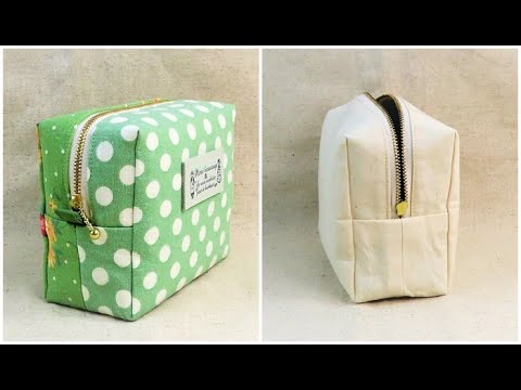 ボックスポーチ作り方 型紙なし How to sew a zipper box pouch 裏地
