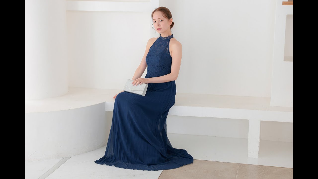 シフォンプリーツレースコンビマキシドレス C52817NY ｜パーティー