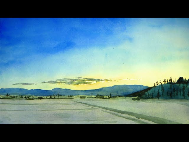 冬晴れの北海道、夜明け前の美瑛町（透明水彩風景画） Sunny winter