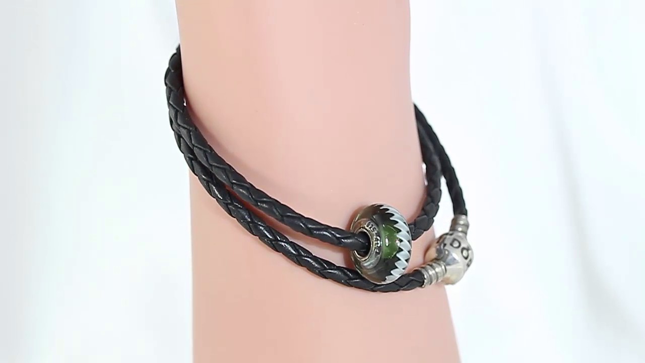 パンドラ/PANDORA 編み2重レザーブレスレット/SV925/ブラック×グリーン