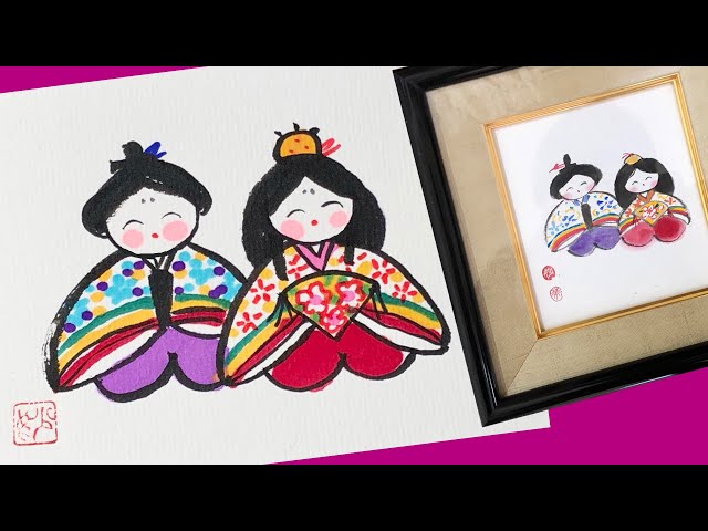 絵手紙妙華】簡単3分：ひな祭り『雛人形』の絵手紙② 2月・3月 春の絵