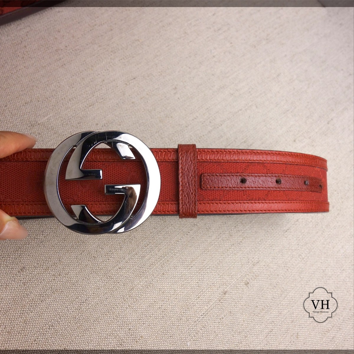 Vintage Gucci Red Belt, gunmetal, burgundy, monogram GG's, Leather