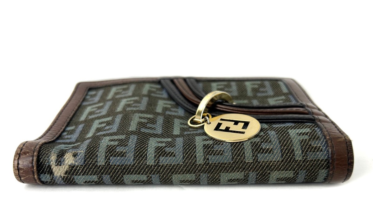FENDI Zucca Blue Brown Canvas Leather Bifold Long Wallet Purse