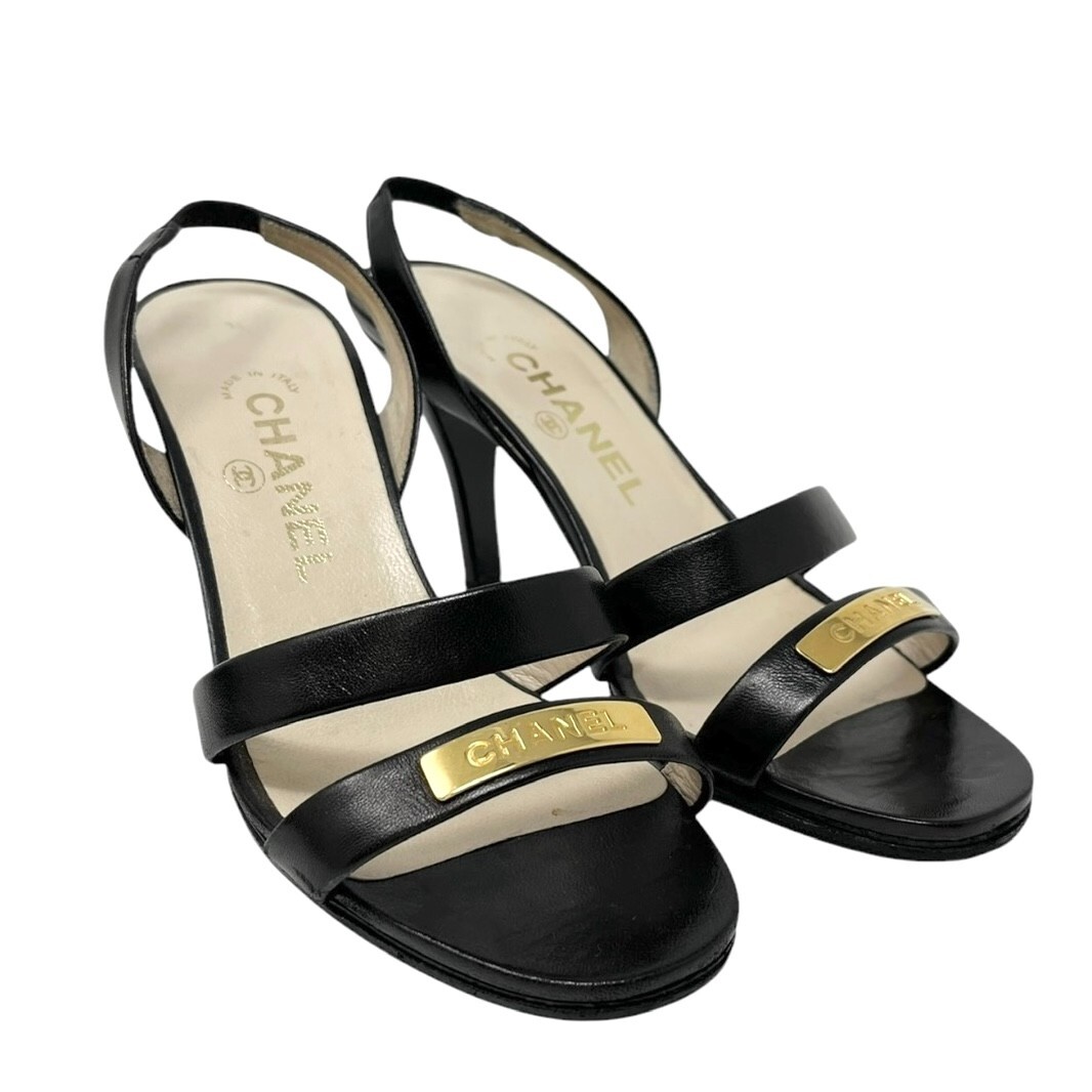 CHANEL Vintage 98P CC Logo Heels Mules Sandals #36.5-37 Black Gold