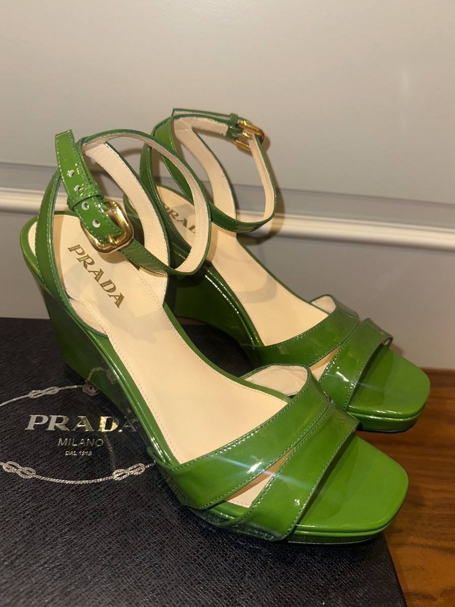 Prada Vernice Green Patent Leather Wedge Sandal Size 38 ( 8