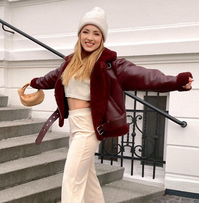 ZARA NEW DOUBLE-FACED FAUX FUR LEATHER BIKER JACKET RED FW21 XS