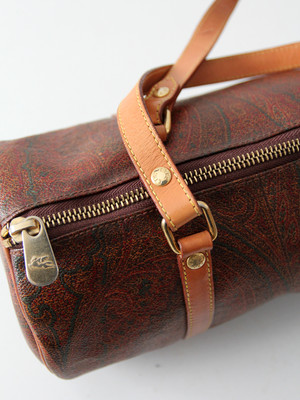 vintage Etro handbag, paisley leather mini duffle purse, brown