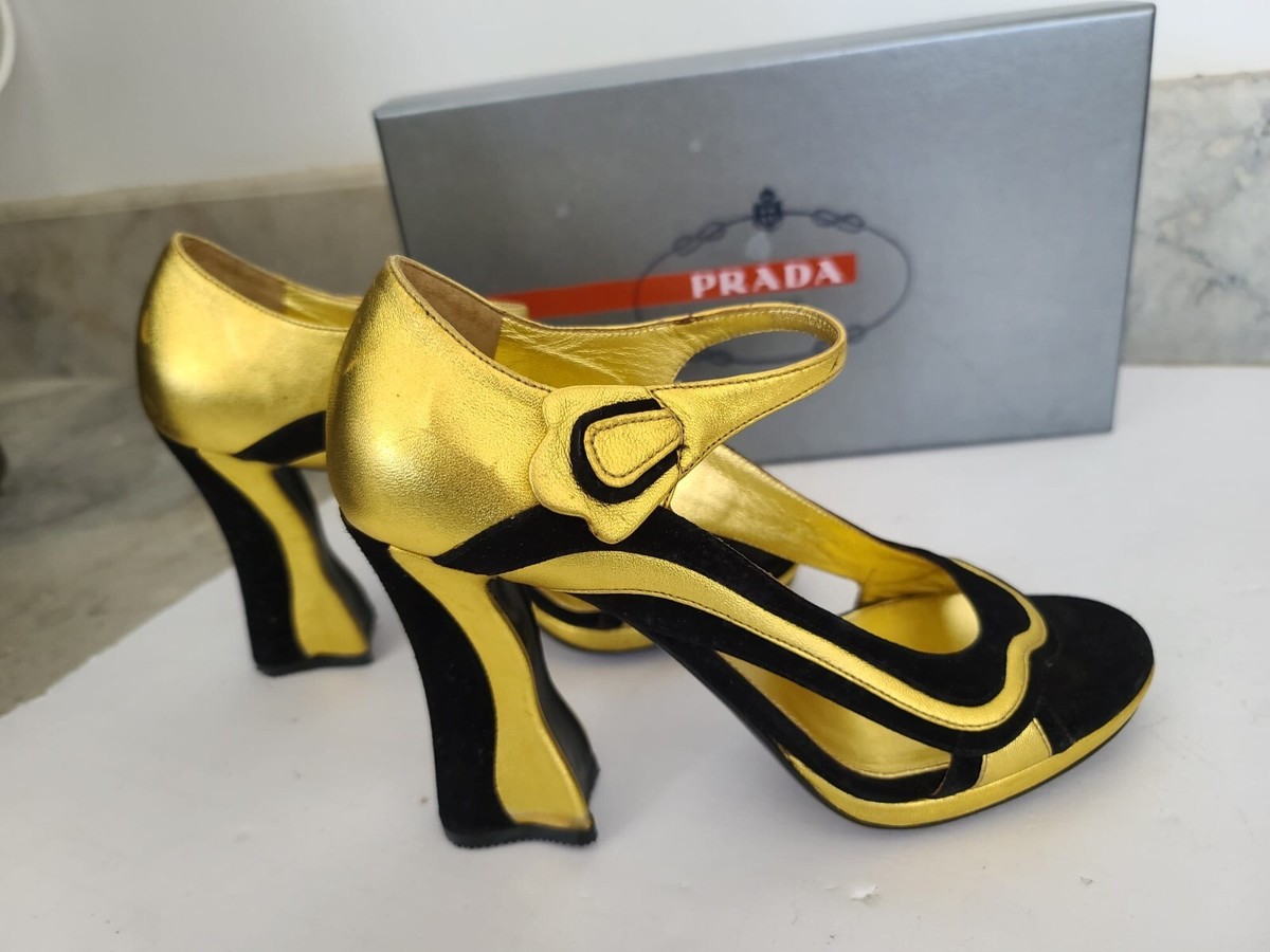 NEW PRADA black gold leather, block heels HOLIDAY EDITION | eBay