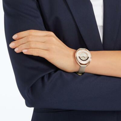 SWAROVSKI CRYSTALLINE OVAL WATCH, LEATHER STRAP, GRAY, ROSE GOLD