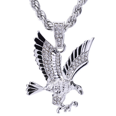 Mens Iced Out CZ Silver Plated Eagle Pendant 20 inch Rope Chain