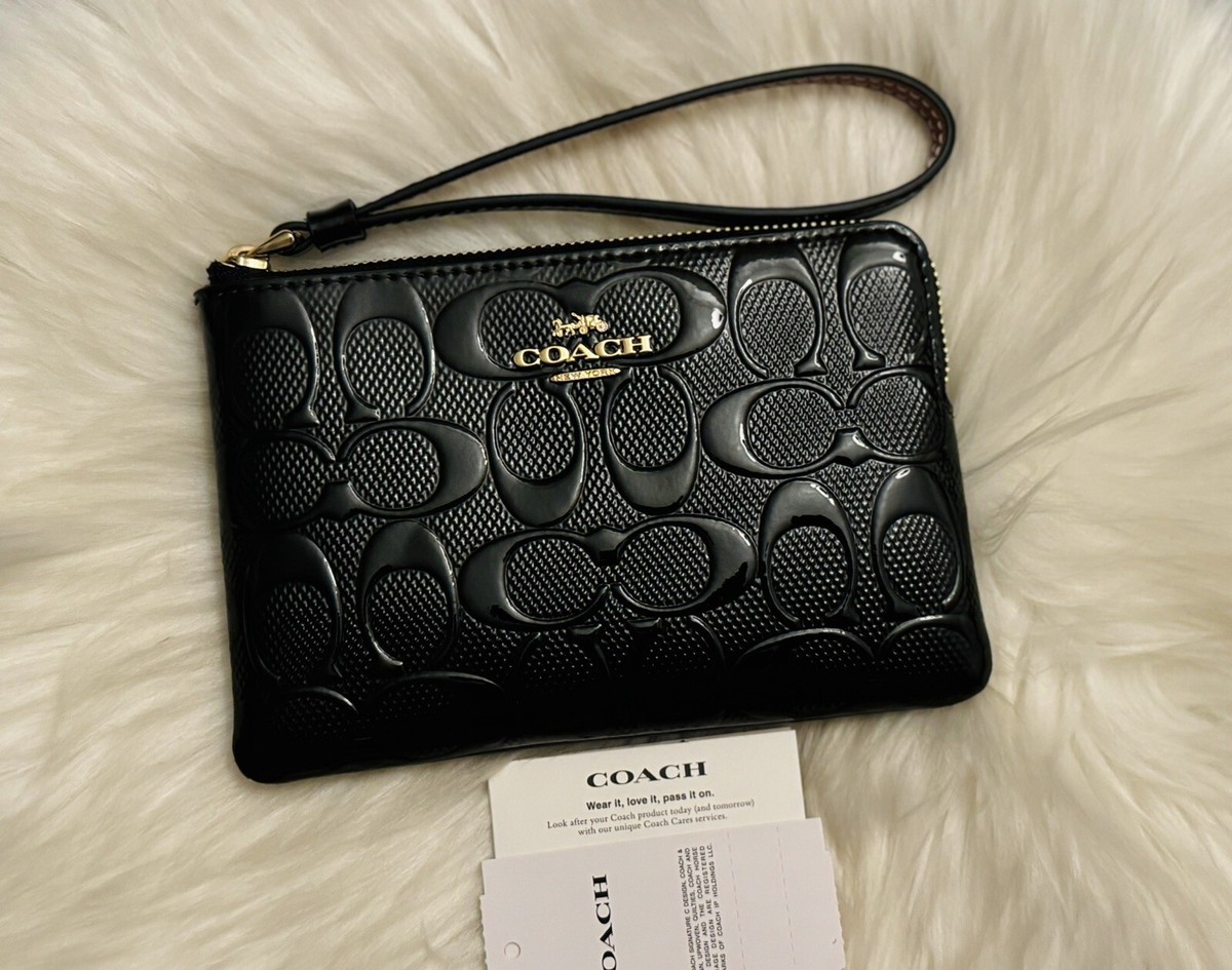 COACH CV418 Corner Zip In Signature Leather In Gold/ Black NWT