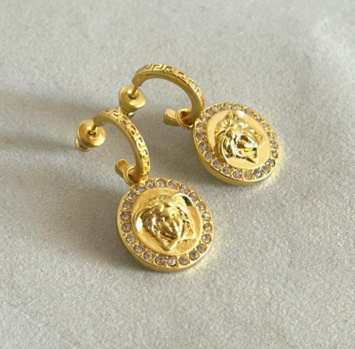 VERSACE GRECA MEDUSA HEAD LOGO DROPS DANGLE EARRINGS GOLD TONE