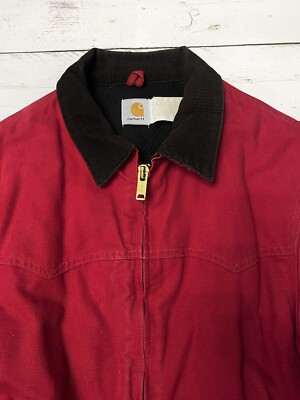 Vtg Carhartt Jacket Red XL Corduroy Collar Workwear USA Made RARE