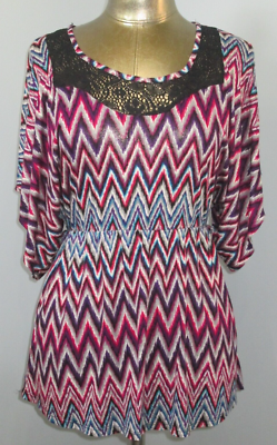 Kiwi Purple & Black Zig Zag Top Womens Size S Chest 32 Lace Accent