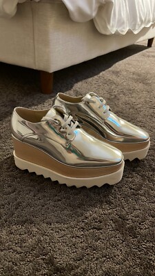 Stella McCartney Womens Elyse Mirror Platform Shoes 34.5 Silver