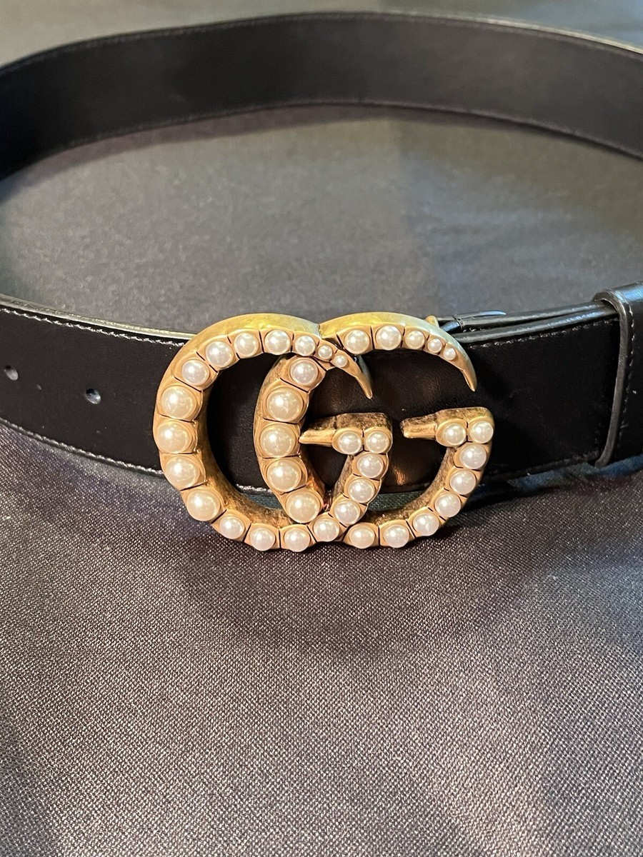 $700 GG MARMONT WIDE BELT WITH PEARLS LEATHER 453260 80cm 32