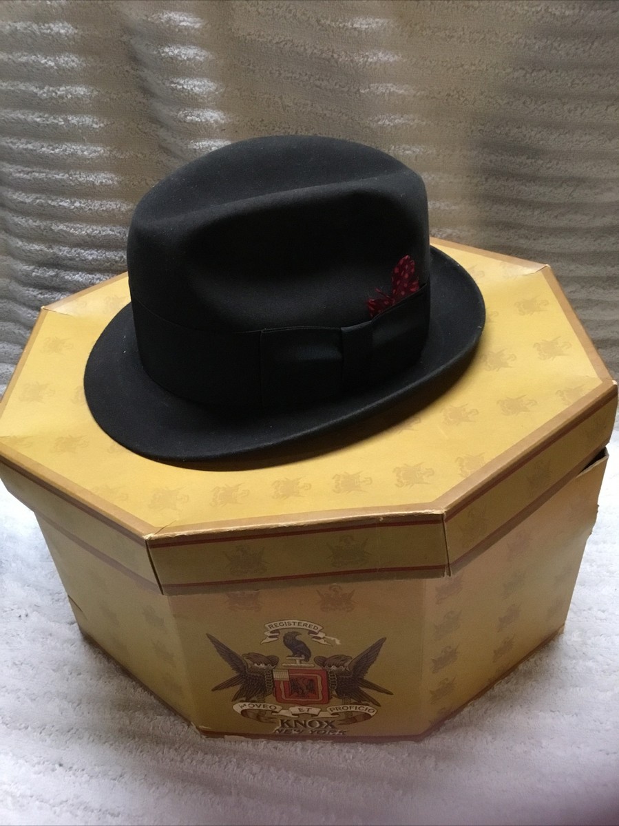 VINTAGE Knox Fifth Avenue New York Black Fedora Hat Red Feather