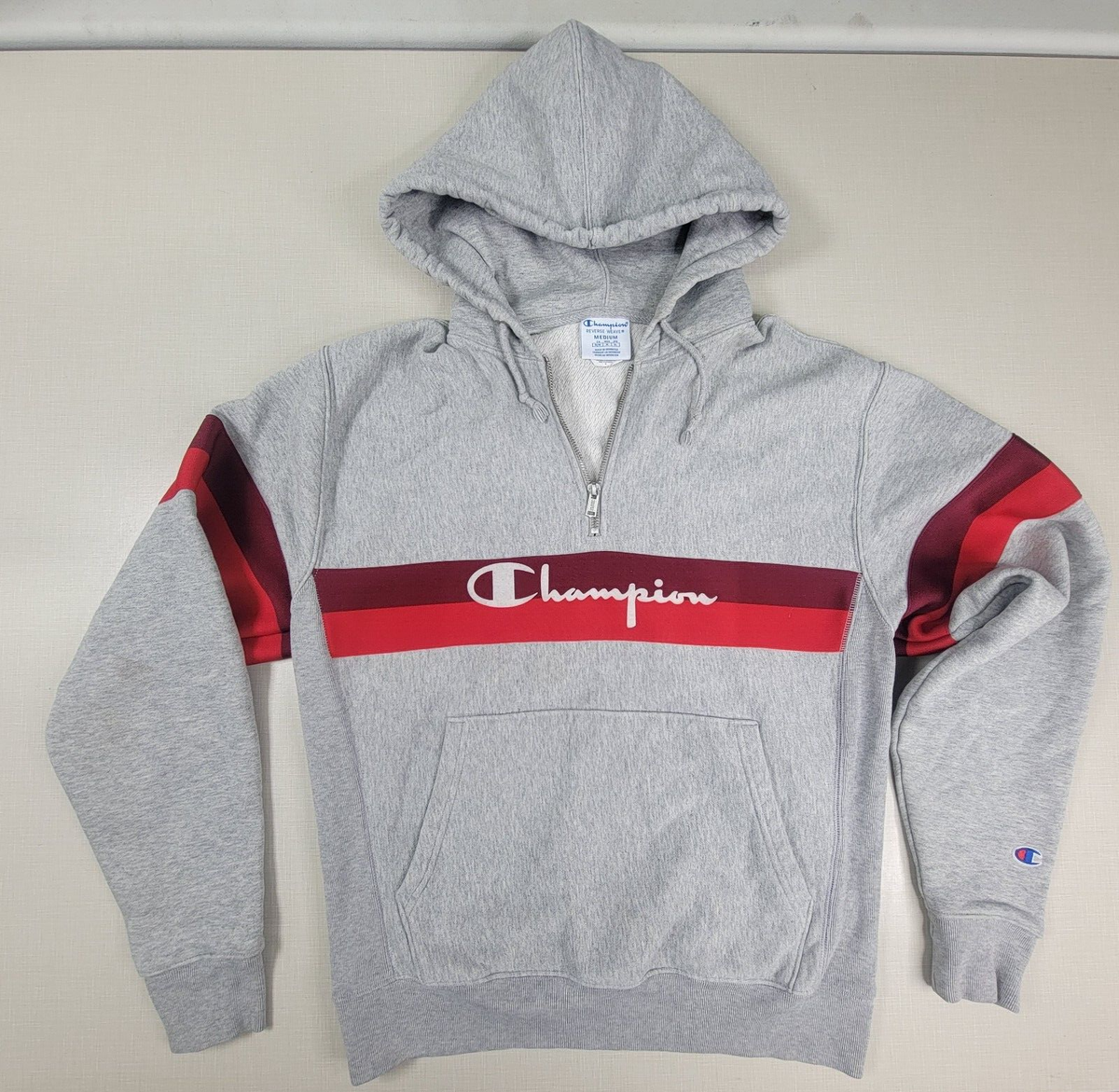 Vintage 90s Champion Reverse Weave Gray w Red Stripe Hoodie 1/4