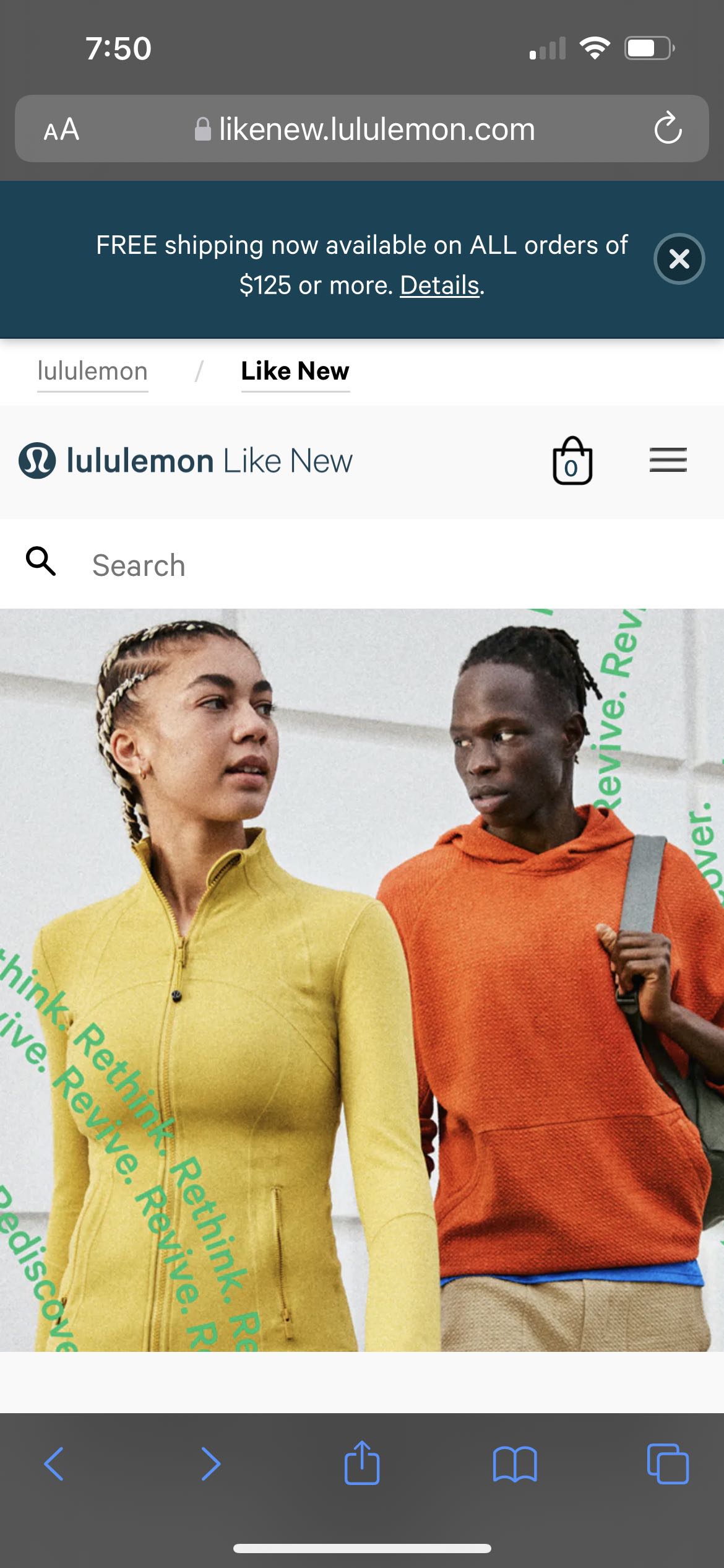 ルルレモンの「likenew」ウェブサイトで、125ドル以上のすべての注文で