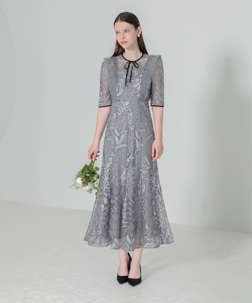 LEJA】刺繍レース配色パイピングショルダーフリルドレス | レジャ(Leja