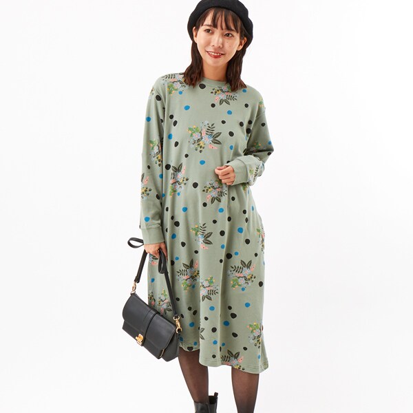 フラワードットプリント裏毛ワンピース | スーパーハッカ(SUPER HAKKA