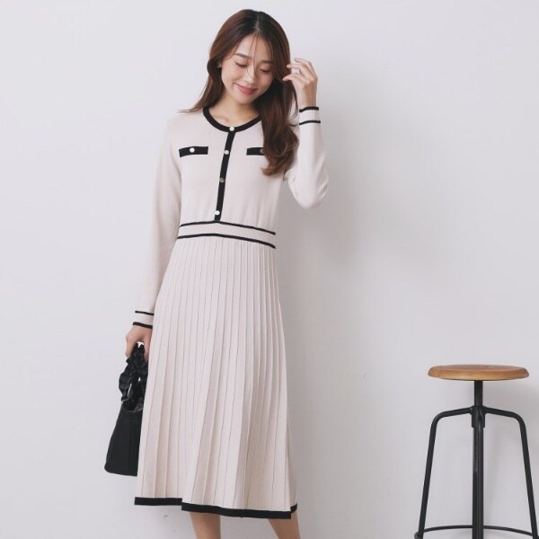 バイカラードッキング風ニットワンピース【洗濯機OK抗ピル